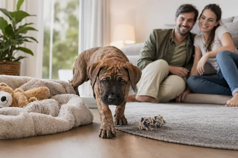 Ein neugieriger Mastin Canario Welpe erkundet sein neues Zuhause mit einer weichen Decke und Spielzeug.
