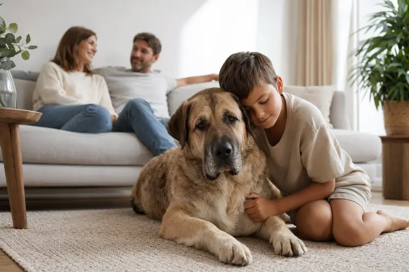 Ein Mastin de Aragon liegt entspannt neben einem Kind im Wohnzimmer, während die Eltern im Hintergrund eine sichere Familienatmosphäre schaffen.