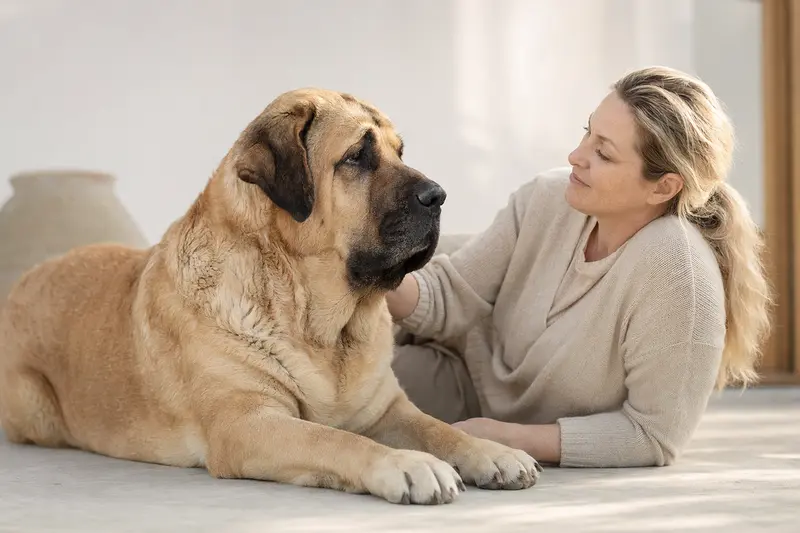 Ein Mastin de Aragon Hund steht aufmerksam in natürlicher Haltung vor hellem Hintergrund und zeigt die typische Körperform dieser Hunderasse.