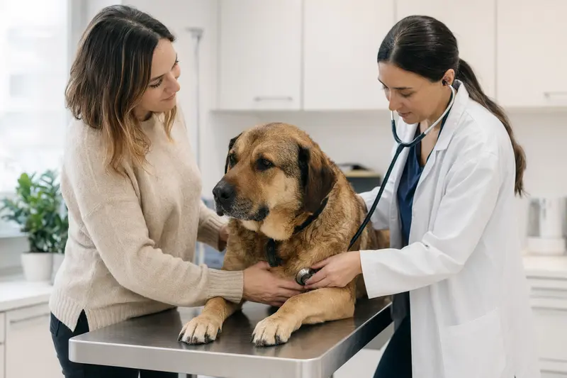 Ein Mastin de Aragon Hund wird in einer modernen Tierarztpraxis von einer freundlichen Tierärztin mit einem Stethoskop untersucht, während der Besitzer beruhigend daneben steht.