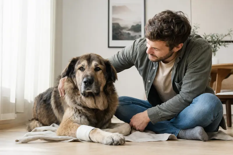 Ein Mastin de Aragon Hund mit leicht verbandener Pfote liegt ruhig auf einer Decke, während sein Besitzer neben ihm erleichtert sitzt.