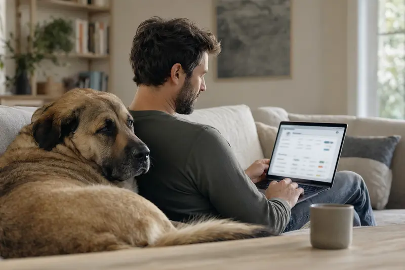 Ein Hundebesitzer arbeitet mit Laptop auf dem Sofa, während ein Mastin de Aragon neben ihm sitzt und eine neutrale Versicherungsvergleichsseite auf dem Bildschirm zeigt.