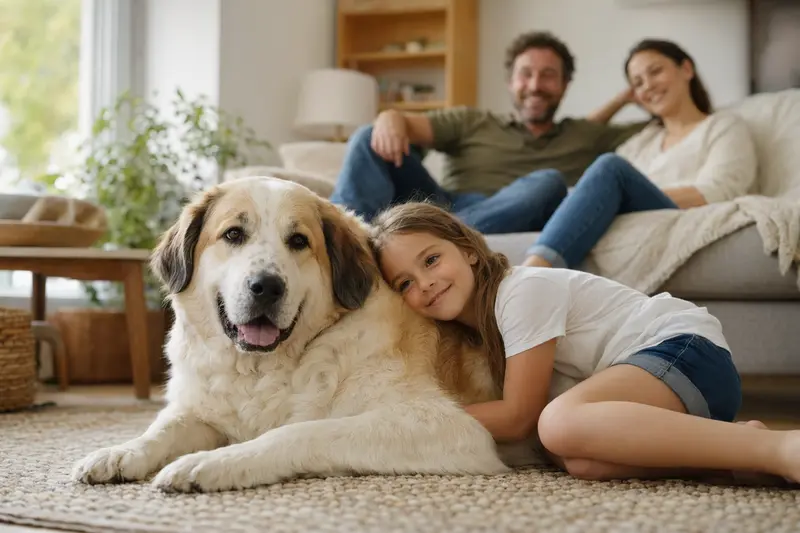 Ein freundlicher Mastin de los Pirineos liegt entspannt neben einem Kind im hellen Wohnzimmer und vermittelt eine sichere, vertrauensvolle Familienatmosphäre.