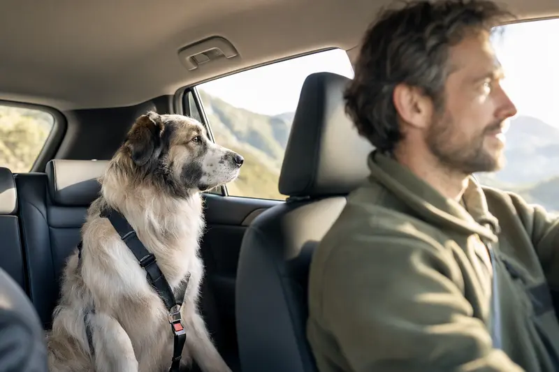 Ein sicher angeschnallter Mastin de los Pirineos sitzt auf der Rückbank eines Autos, während der Besitzer ruhig fährt und Sonnenlicht durch das Fenster fällt.