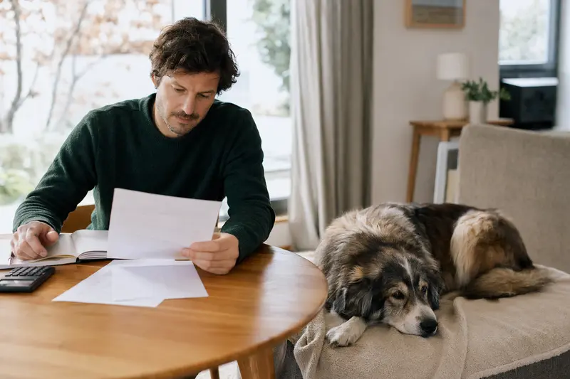 Ein Besitzer sitzt mit einer Tierarztrechnung am Tisch, während ein Mastin de los Pirineos entspannt auf einer Decke liegt und das Thema Hundekrankenversicherung ruhig veranschaulicht.