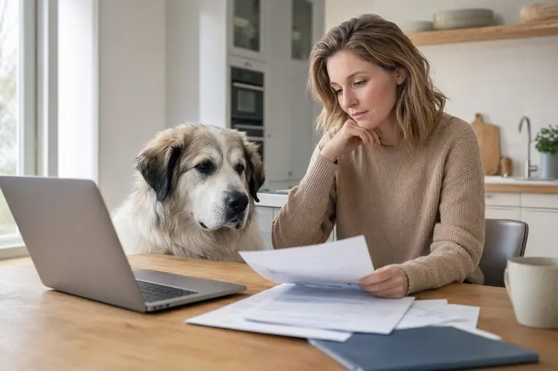 Ein Mastin de los Pirineos Hund sitzt ruhig neben seinem Besitzer am Küchentisch, während auf dem Tisch Versicherungsunterlagen und ein Laptop liegen, der eine Vergleichsseite zeigt.