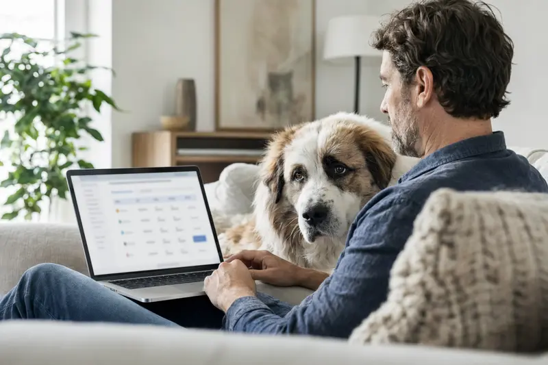 Ein Mastin de los Pirineos Hund sitzt neben seinem Besitzer auf dem Sofa, während dieser am Laptop die Optionen zur Tierversicherung vergleicht.