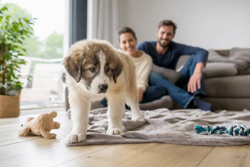 Ein junger Mastin de los Pirineos Welpe entdeckt neugierig seine neue, freundliche Wohnung mit Spielzeug und weicher Decke.