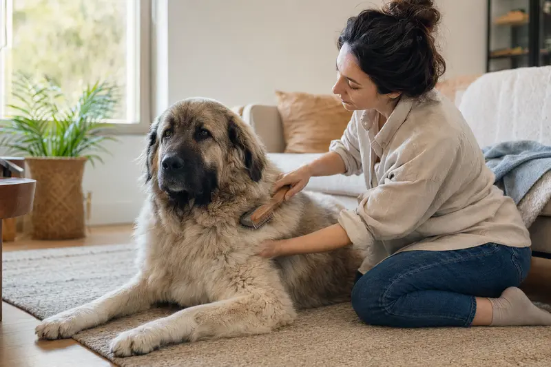 Ein Mastin del Pirineo wird in einer hellen Wohnung sanft gebürstet, während sich sein Besitzer liebevoll um die Fellpflege und Gesundheit des Hundes kümmert.