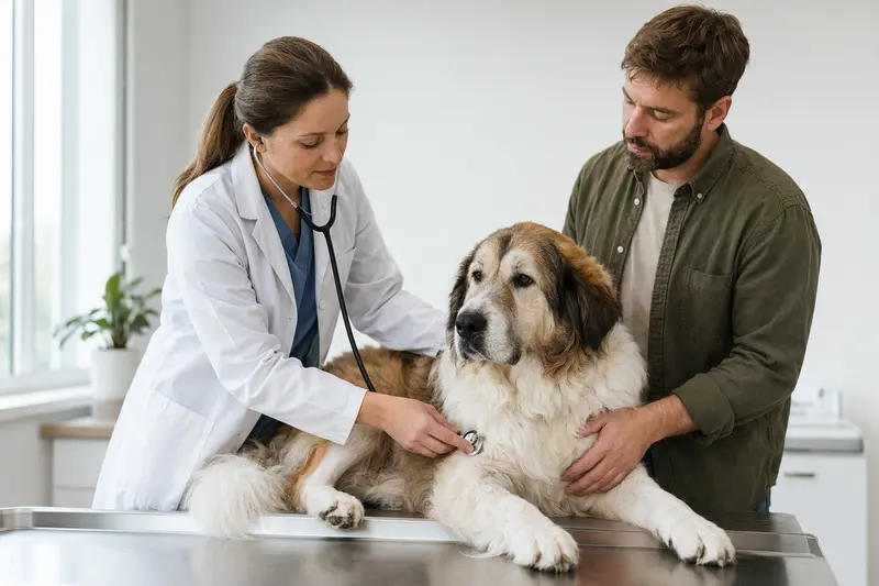 Ein Mastin del Pirineo Hund wird von einer freundlichen Tierärztin in einer hellen Tierarztpraxis mit einem Stethoskop untersucht.