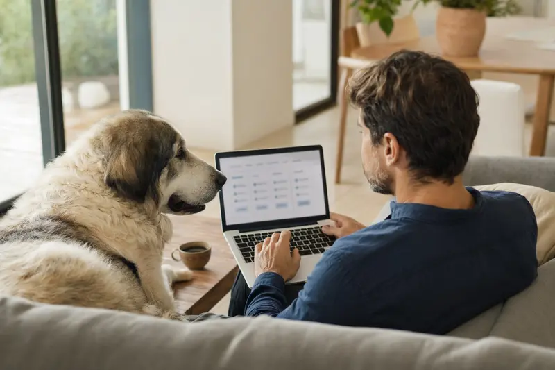 Ein Hund der Rasse Mastin del Pirineo liegt neben einem Besitzer auf dem Sofa, während dieser am Laptop einen Versicherungsvergleich für Tierarztkosten durchführt.