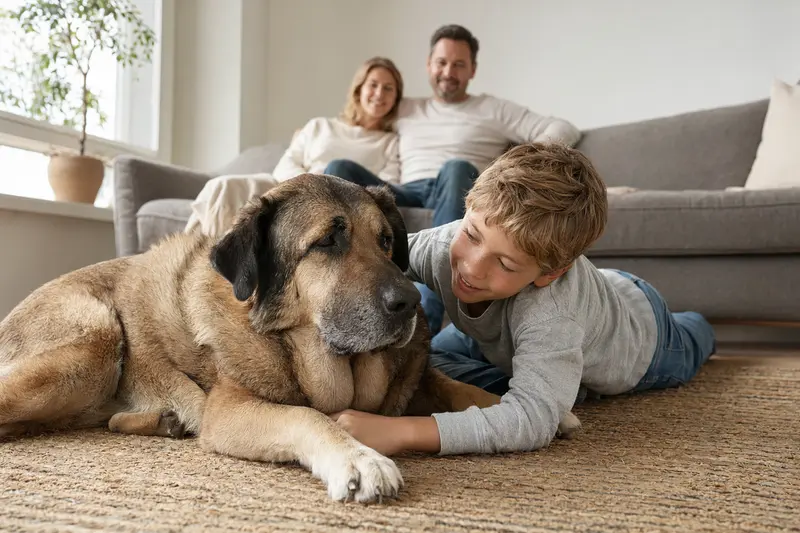 Ein freundlicher Mastín Español liegt entspannt neben einem Kind im hellen Wohnzimmer, während die Eltern im Hintergrund eine sichere Familienatmosphäre schaffen.