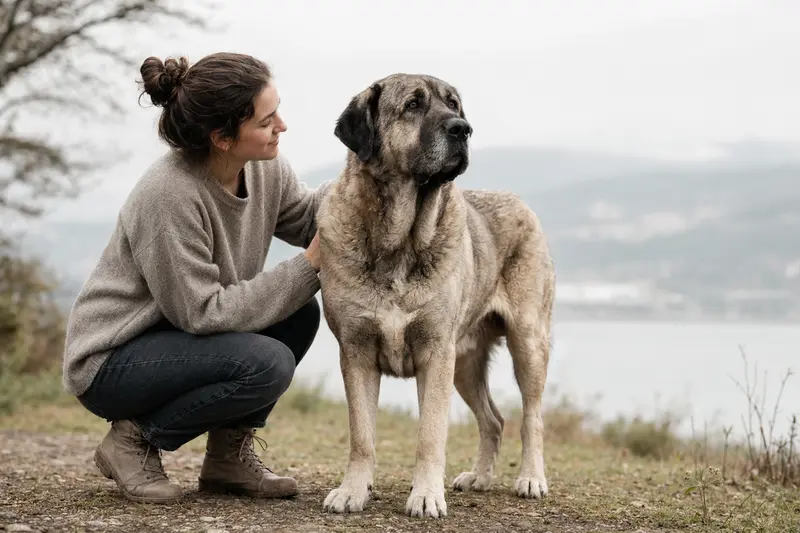 Mastín Español Hund in natürlicher Haltung vor hellem Hintergrund als professionelles Tierportrait