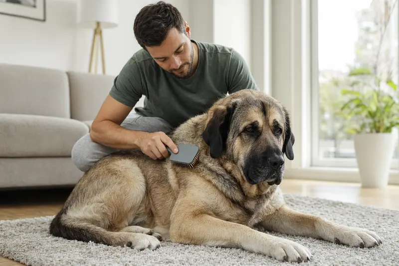 Ein Mastín Español wird in einer hellen Wohnung liebevoll gebürstet, während sein Besitzer die Fellpflege ruhig und aufmerksam übernimmt.