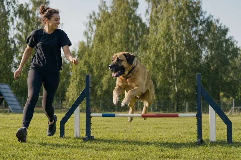 Ein aktiver Mastín Español springt mit seinem Besitzer über eine kleine Trainingshürde auf dem Hundeplatz.