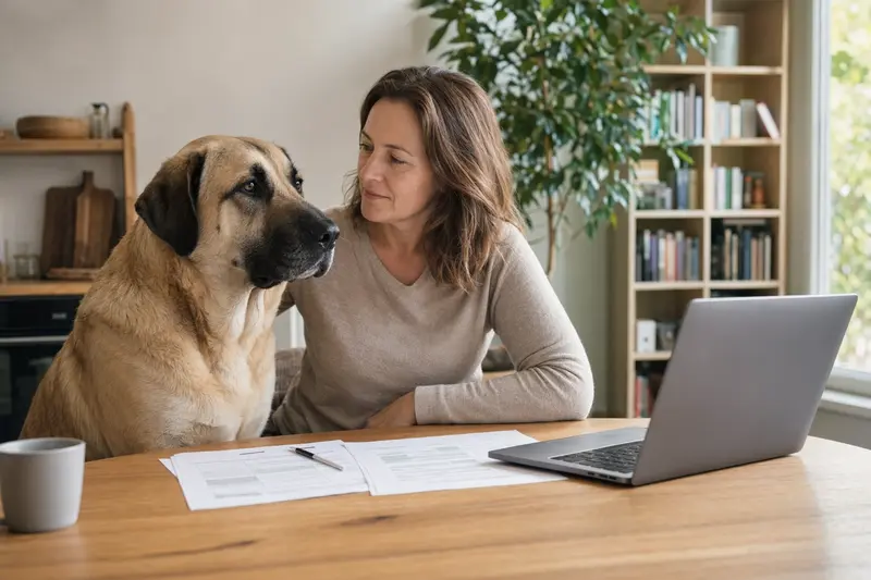 Ein Mastín Español entspannt am Küchentisch neben seinem Besitzer, während Versicherungsunterlagen und ein Laptop sichtbar sind.