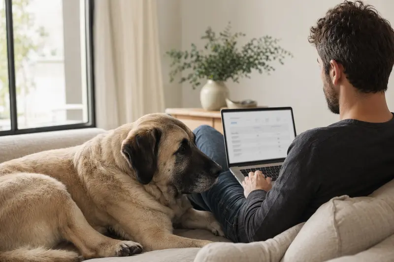 Ein Hundebesitzer arbeitet am Laptop auf dem Sofa, während ein Mastín Español neben ihm sitzt und eine Versicherungsvergleichs-Oberfläche auf dem Bildschirm betrachtet wird.
