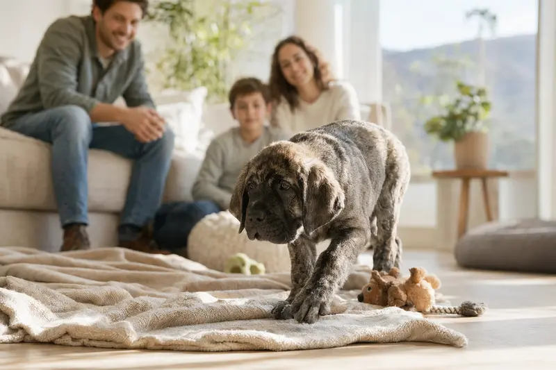 Ein neugieriger Mastín Español Welpe erkundet sein neues Zuhause mit einer weichen Decke und Spielzeug, während eine liebevolle Familie im Hintergrund zu sehen ist.