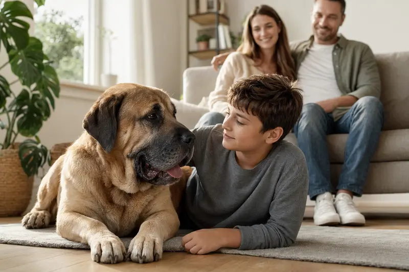 Ein Mastin extremeno liegt entspannt neben einem Kind im Wohnzimmer, während die Eltern im Hintergrund für eine sichere Familienatmosphäre sorgen.