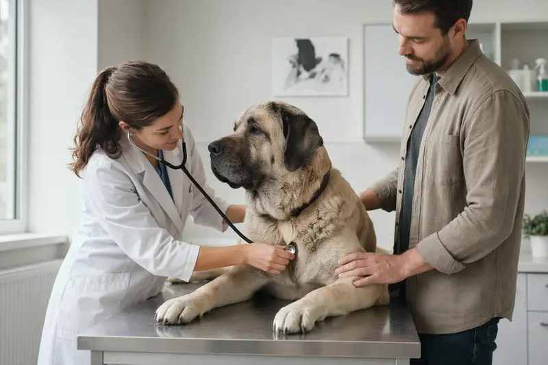 Ein ruhiger Mastin extremeno Hund wird behutsam von einer Tierärztin mit Stethoskop in einer modernen Praxis untersucht.
