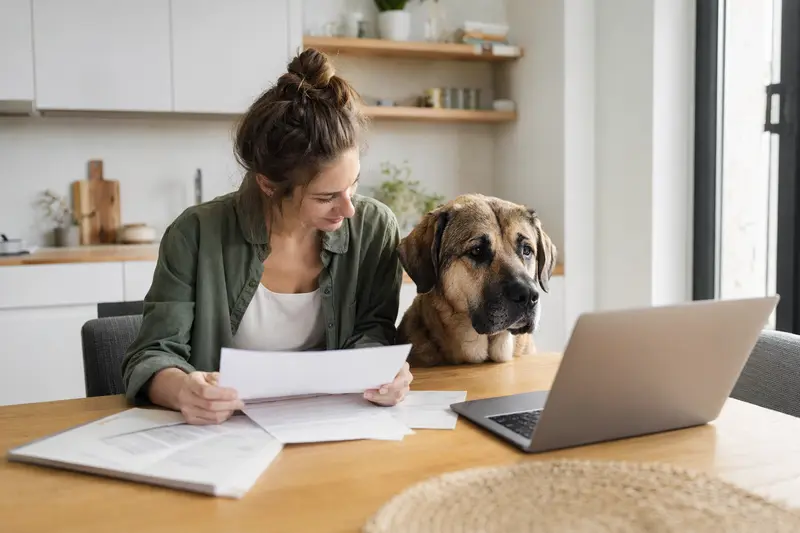 Ein Mastin extremeno Hund sitzt ruhig neben seinem Besitzer am Küchentisch mit Versicherungsunterlagen und einem Laptop.