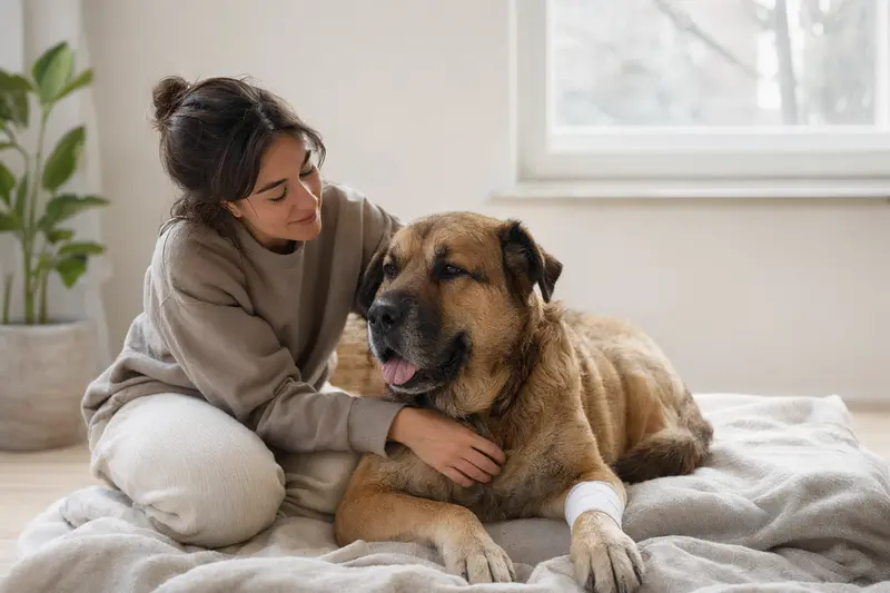 Ein Mastino Napoletano liegt mit leicht bandagierter Pfote ruhig auf einer Decke, während sein erleichterter Besitzer neben ihm sitzt.
