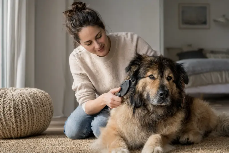 Ein Mastin Leones wird in einer hellen Wohnung sanft gebürstet, während sein Besitzer liebevoll die Fellpflege übernimmt.