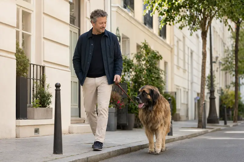 Ein Mastin Leones läuft an der Leine mit seinem Besitzer über eine freundliche moderne Stadtstraße.