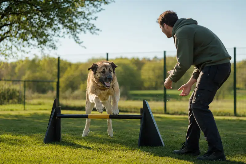 Ein Mastín-Leones-Hund trainiert mit seinem Besitzer auf einem Hundeplatz über eine kleine Hürde und zeigt dabei Freude an Bewegung.