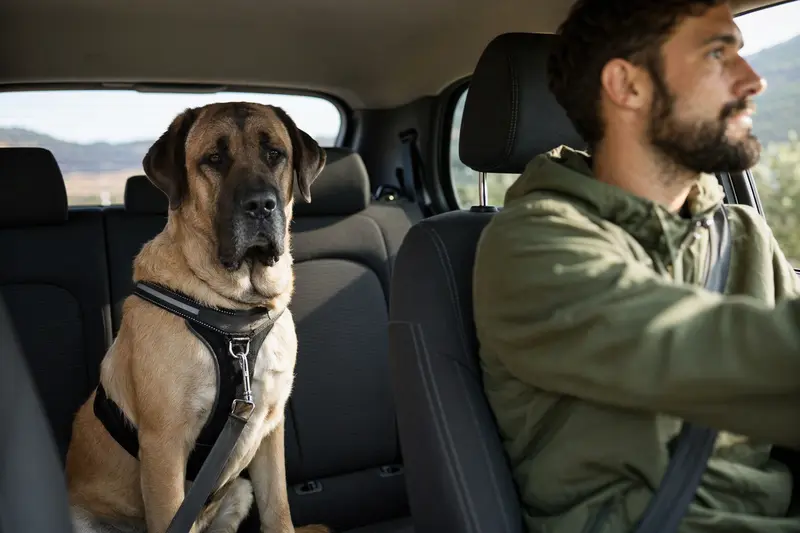 Ein Mastin Leones sitzt sicher angeschnallt auf der Rückbank eines Autos, während der Besitzer ruhig fährt.