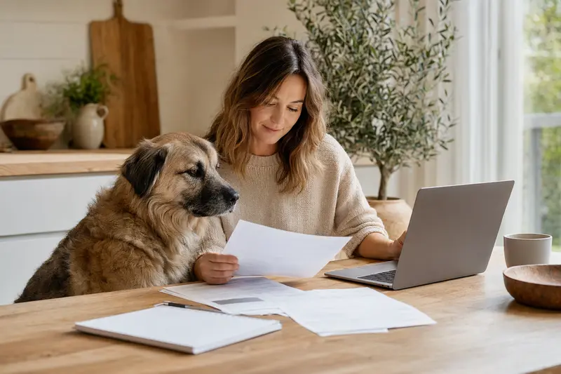 Ein Mastin Leones Hund sitzt neben seinem Besitzer am Küchentisch, während Versicherungsunterlagen und ein Laptop zu sehen sind.