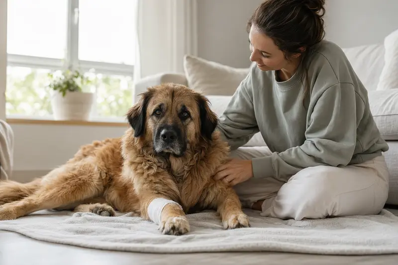 Ein Mastin-Leones-Hund mit leicht verbundenen Pfote liegt ruhig auf einer Decke, während sein Besitzer erleichtert neben ihm sitzt.