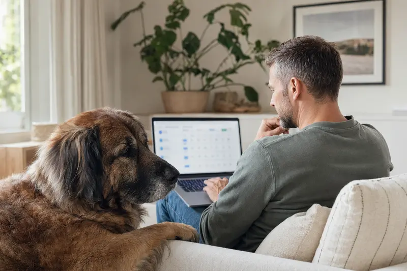 Ein Hundebesitzer mit einem Mastin Leones sitzt auf dem Sofa und vergleicht Tierversicherungen am Laptop.