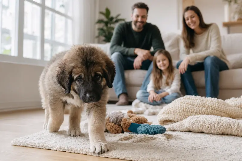 Ein neugieriger Mastin Leones Welpe entdeckt liebevoll sein neues Zuhause mit Spielzeug und einer weichen Decke.