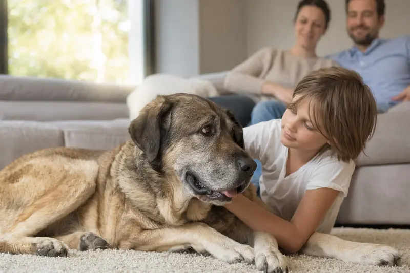 Ein freundlicher Mastin Manchego liegt entspannt neben einem Kind im Wohnzimmer, während die Eltern im Hintergrund eine sichere Familienatmosphäre schaffen.