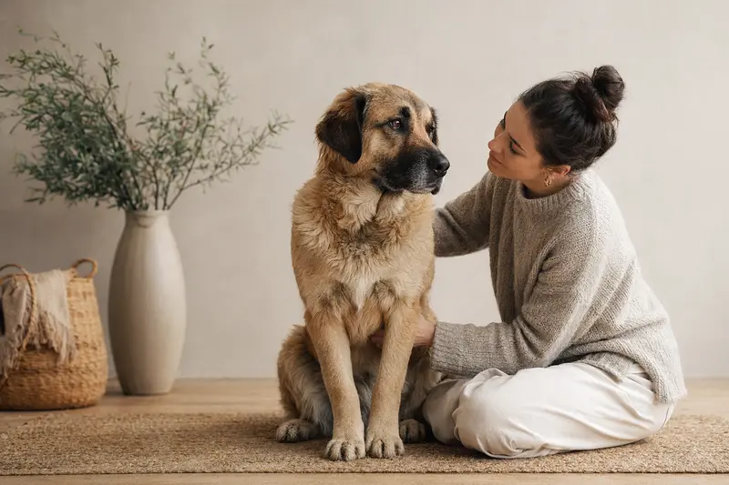 Ein aufmerksam stehender Mastin Manchego Hund im professionellen Portrait vor hellem neutralem Hintergrund.