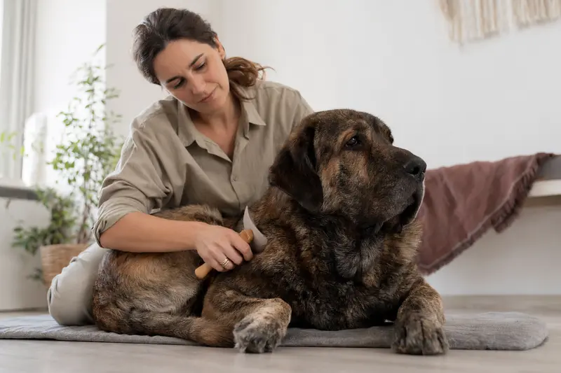 Ein Mastin Manchego wird zuhause sanft gebürstet, während sich sein Besitzer liebevoll um die Fellpflege und Gesundheit des Hundes kümmert.