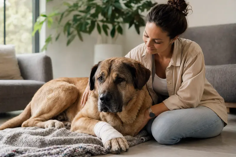Ein Mastin Manchego Hund mit leicht verbundenen Pfote liegt ruhig auf einer Decke, während sein Besitzer neben ihm erleichtert sitzt.