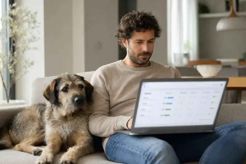 Ein Hundebesitzer arbeitet am Laptop auf dem Sofa, während ein Mastin Manchego neben ihm sitzt, symbolisiert die Sicherheit bei der Wahl einer Tierkrankenversicherung.