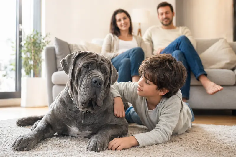 Ein freundlicher Mastino Napoletano liegt entspannt neben einem Kind im hellen Wohnzimmer einer Familie.