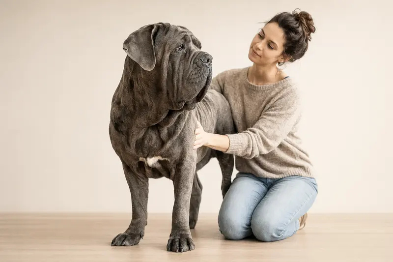 Mastino Napoletano Hund in aufrechter, natürlicher Haltung vor hellem Hintergrund im professionellen Tierportrait.