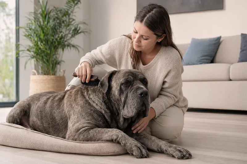 Ein Mastino Napoletano wird in einer hellen Wohnung liebevoll gebürstet, während sein Besitzer die Fellpflege ruhig und sorgfältig übernimmt.