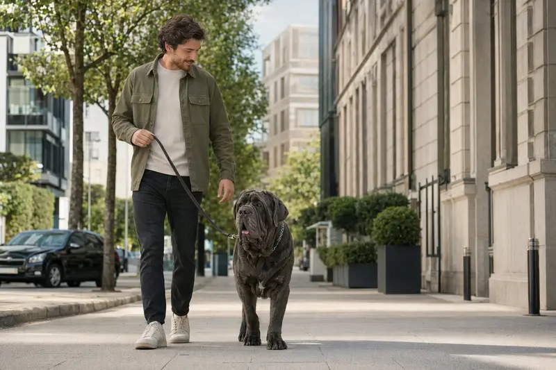 Ein Mastino Napoletano läuft entspannt an der Leine mit seinem Besitzer durch eine saubere, moderne Stadtstraße.