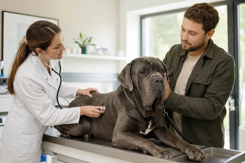 Ein ruhiger Mastino Napoletano wird von einer Tierärztin mit einem Stethoskop in einer modernen Praxis untersucht.