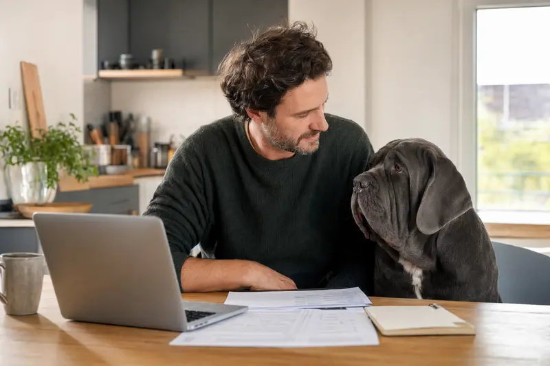 Ein Mastino Napoletano sitzt neben seinem Besitzer am Küchentisch, auf dem Versicherungsunterlagen und ein Laptop liegen.