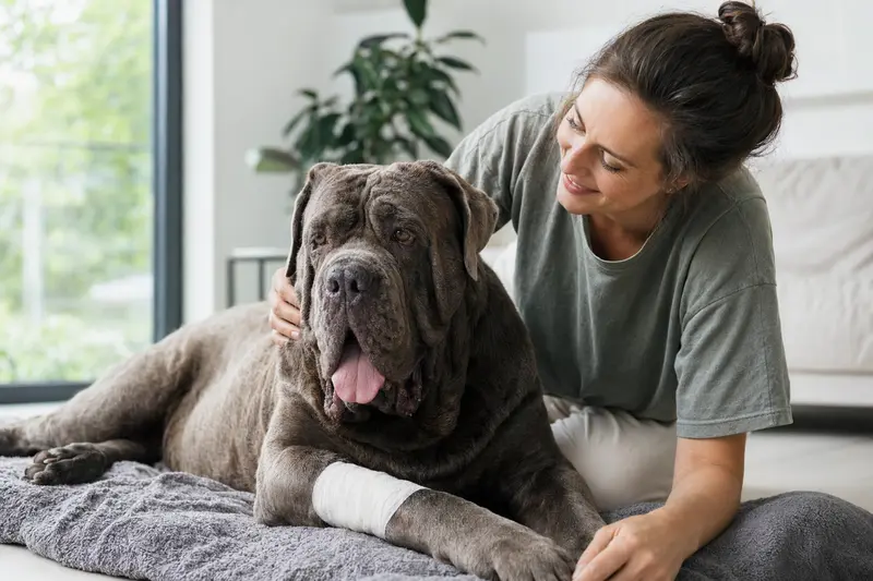 Ein Mastino Napoletano mit leicht bandagierter Pfote liegt ruhig auf einer Decke, während sein Besitzer neben ihm sitzt und erleichtert wirkt.