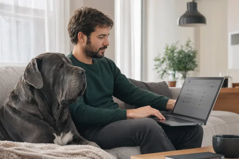 Ein Hundebesitzer sitzt mit seinem Mastino Napoletano auf dem Sofa und vergleicht tierische Krankenversicherungen am Laptop.