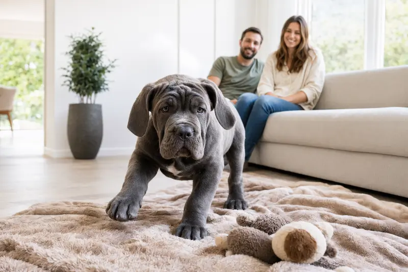 Ein neugieriger Mastino Napoletano Welpe erkundet sein neues Zuhause mit weicher Decke und Spielzeug.