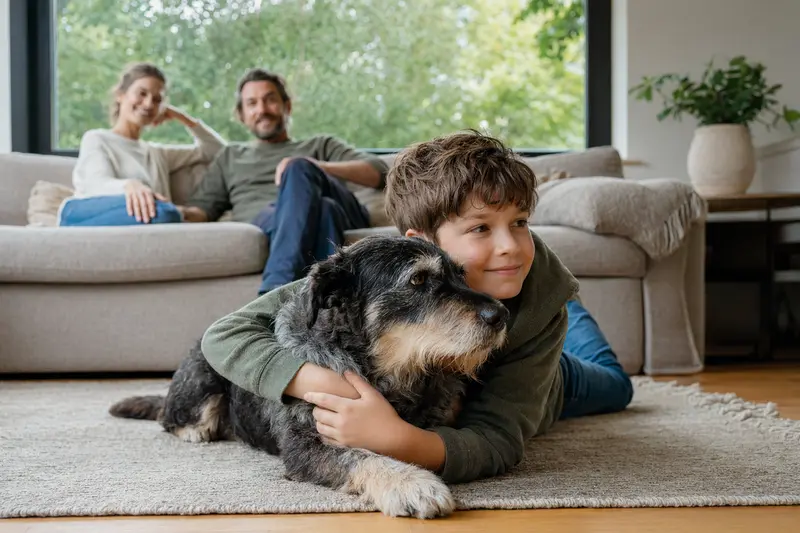 Ein freundlicher Matin Hund liegt entspannt neben einem Kind im hellen Wohnzimmer, während die Eltern im Hintergrund stehen.