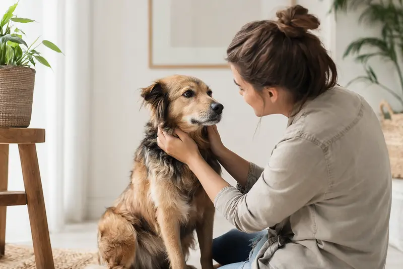 Ein schöner Matin-Hund steht aufmerksam in natürlicher Haltung vor hellem neutralem Hintergrund und zeigt seine typische Körperform und Fellstruktur.